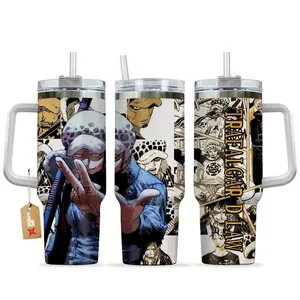 STORMMECH- Trafalgar D. Law 40oz Handle Tumbler – Pirate Surgeon Stainless Steel Travel Mug, Anime Manga Collage Wrap Cup, Double Wall Thermal Drinkware, Large Iced Coffee Tumbler, Otaku Collector Gift