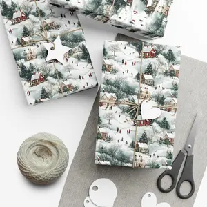 Vintage Christmas Wrapping Paper � Winter Village Retro Holiday Gift Wrap, Festive Packaging for Scrapbooks, Wrapping Paper trend
