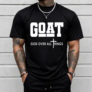 100% Cotton Goat God Over All Things Funny Jesus Christian Printed T-Shirt, Short-Sleeved Crew Neck Casual Top, Suitable For All Seasons, Men's Wear Black Crewneck