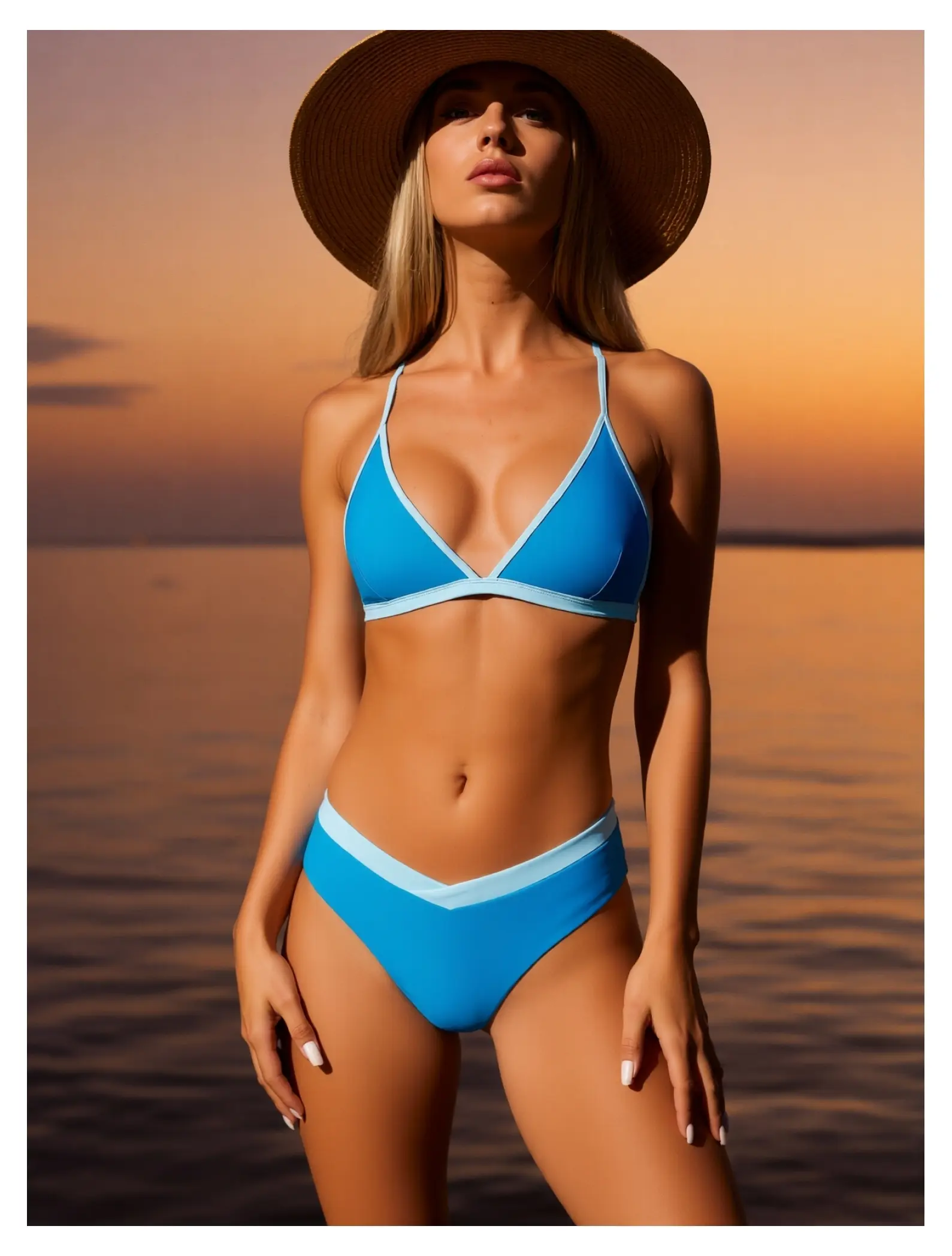 Neon Blue Bikini Set for Women - Triangle Top with Contrast Trim & High Cut Bottoms - Two Piece Swimsuit for Beach, Pool, Vacation, Summer - Stylish & Comfortable