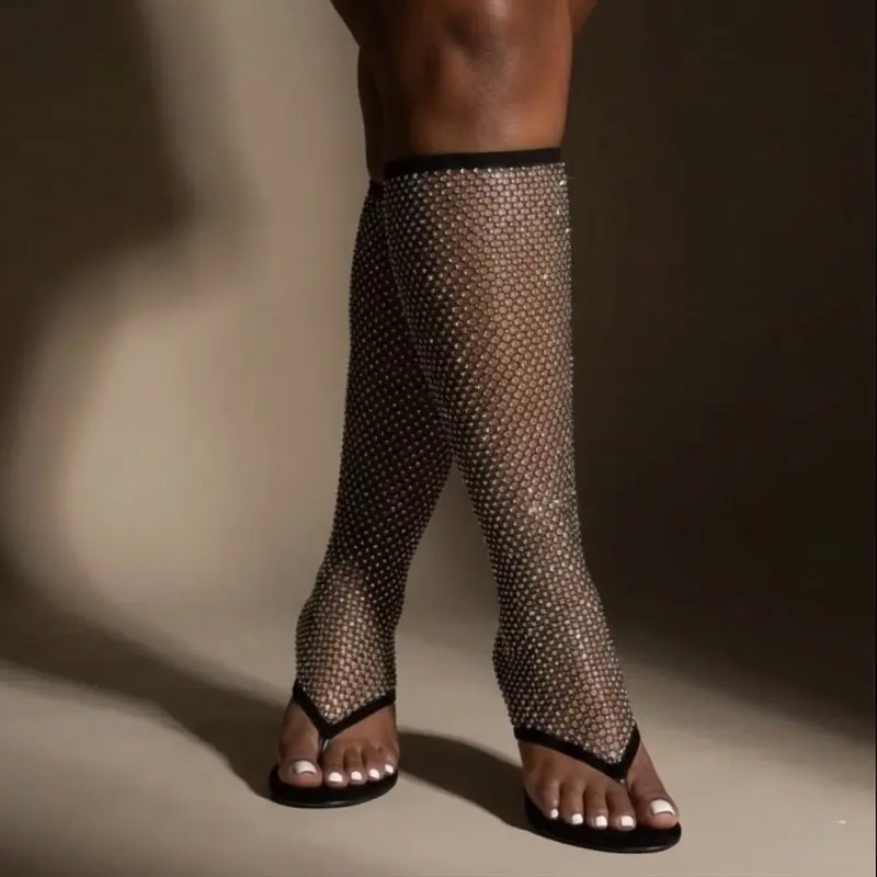 Annalise Rhinestone Fishnet Heeled Sandal w/ Sheer Mesh