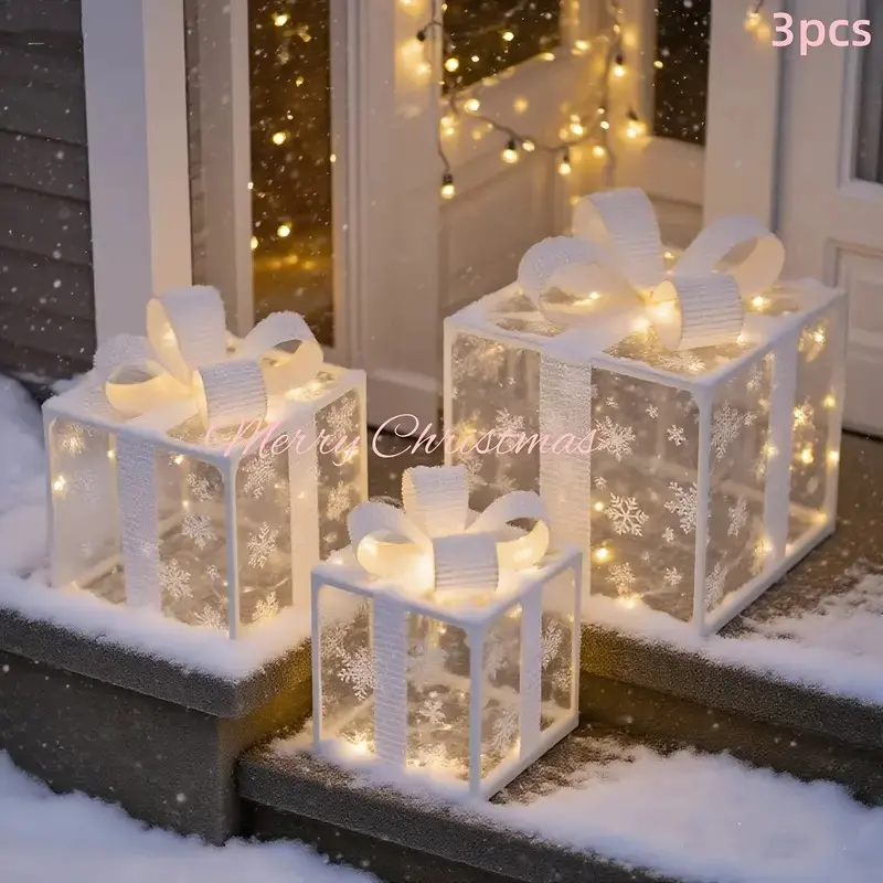 3 Piece Lighted Christmas Gift Box Set with Ribbon, Festive Decoration, Warm Glow, Indoor/outdoor, Shiny Gift Boxes, Christmas Tree, Yard and Home Decor, Holiday Party Decor