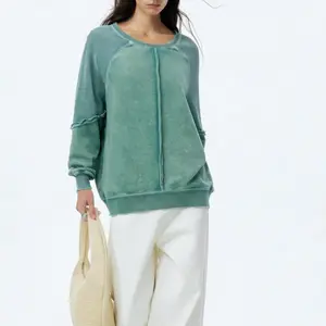 Shewin 2026 Cozy Distressed Waffle Knit Sweatshirt Women’s Long Sleeve Pullover Soft Layering for Casual Daily Leisure Looks Ultra-soft Lightweight & Breathable Tie-Dye Fabric - Womenswear