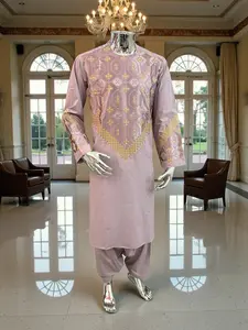 Men’s Lavender Parahan Tumban with Gold Embroidery | Traditional Afghan Outfit | Luqmaan Boutique