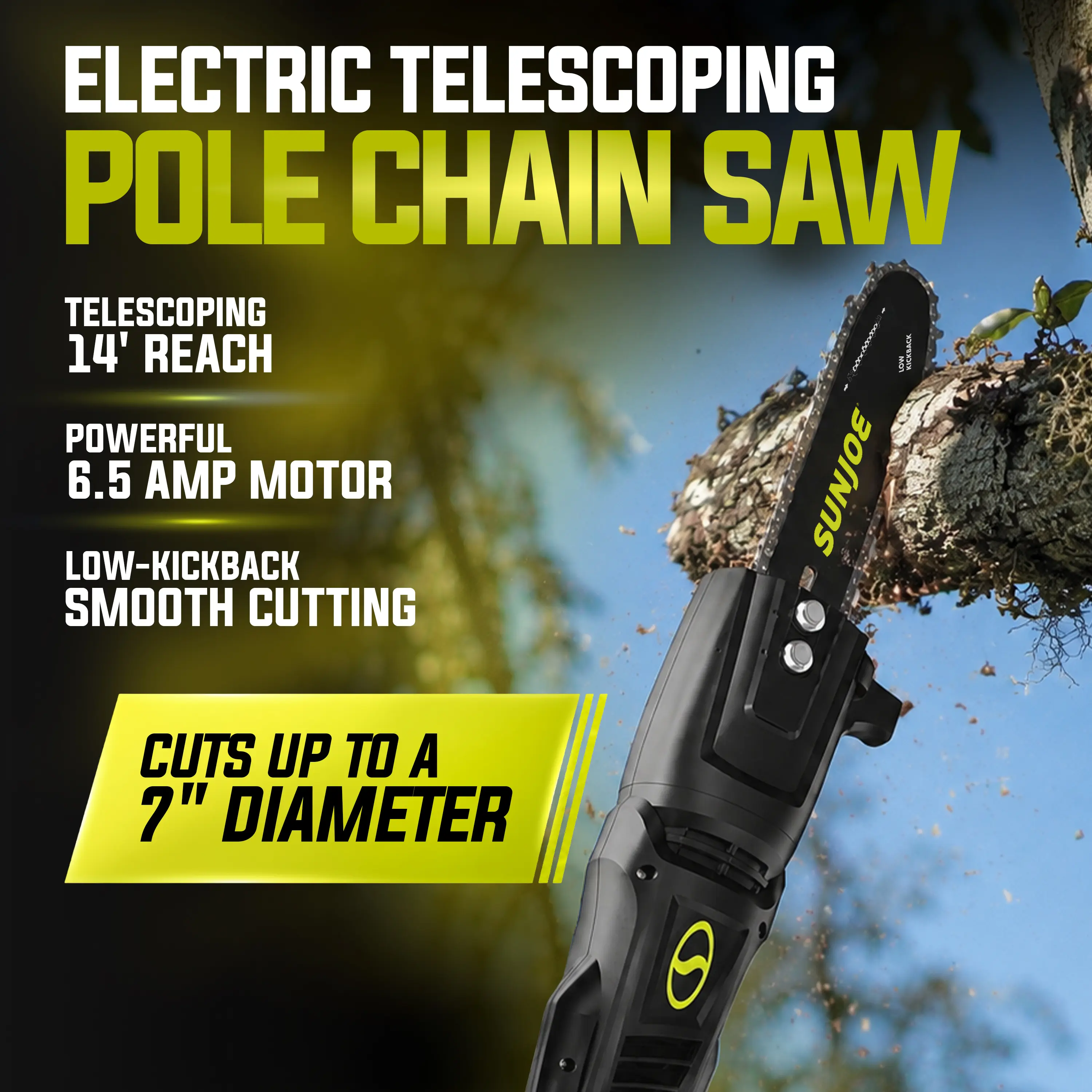 Sun Joe Electric Telescoping Pole Chain Saw | 8-inch | 6.5-Amp | 7-inch Cutting Thickness Max
