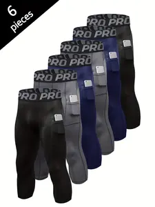 6 Pack Mens Compression Pants 3/4 Length Quick Drying Gym Workout Leggings Running Athletic Sports Training Base Layer Bottoms Yoga Wear Skinny Sportswear