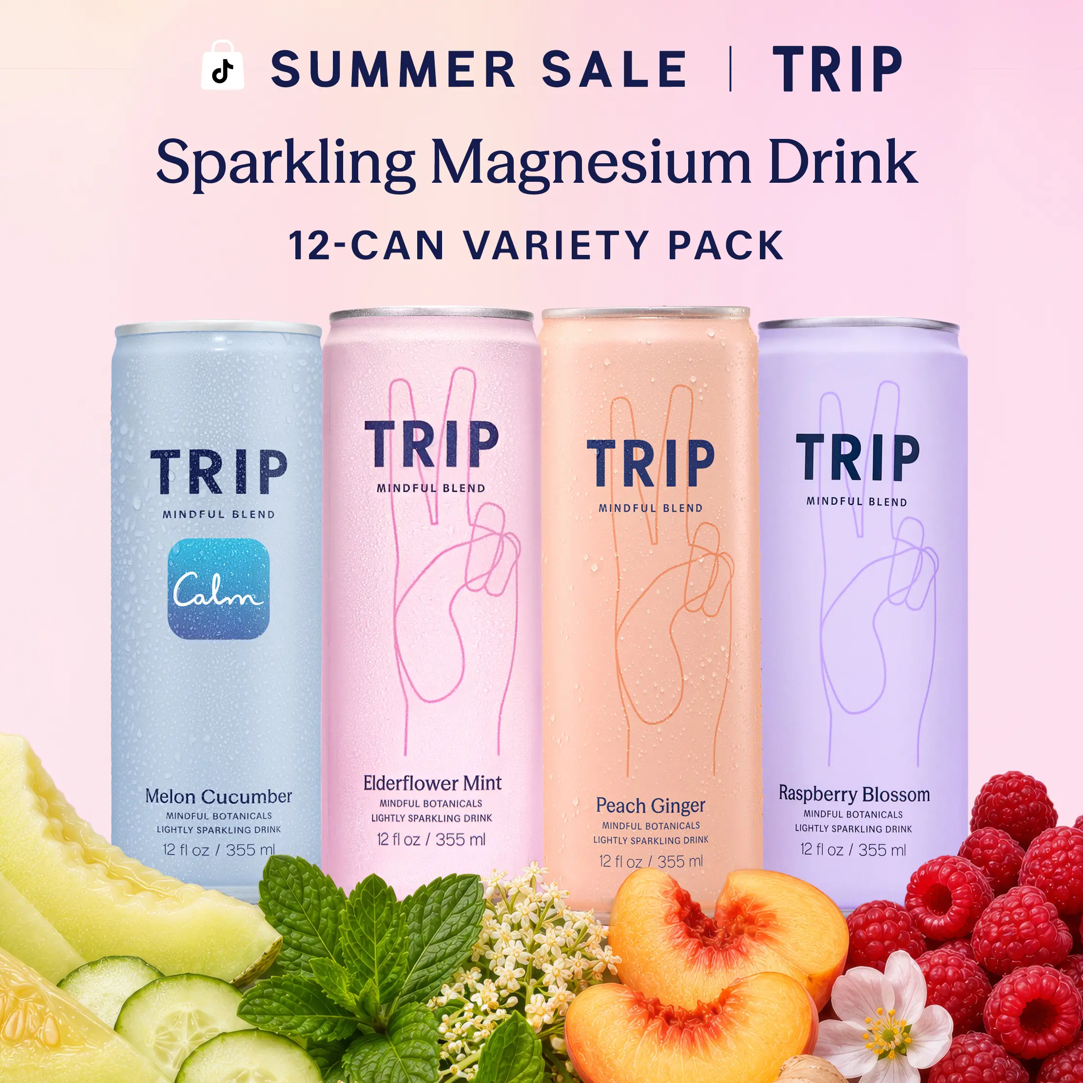TRIP Original Variety Pack Magnesium Sparkling Drink — 120mg Magnesium, Ashwagandha, Lion's Mane, L-Theanine, Non-Alcoholic, No Added Sugar, Vegan (12-Pack, 12oz)