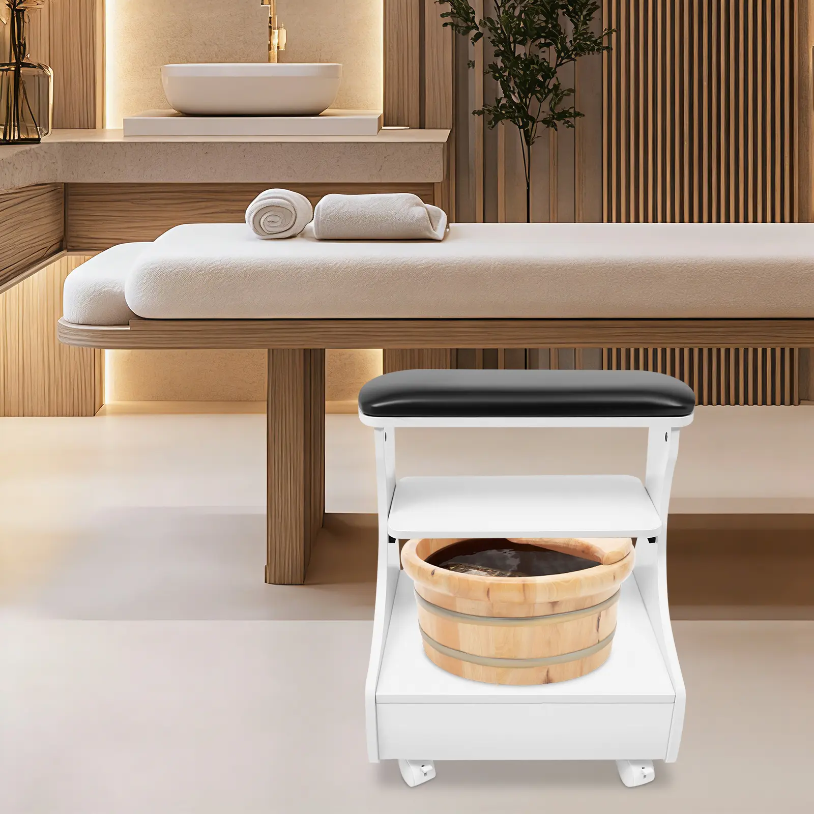 Modern MDF-PVC Salon Pedicure Chair with Floor Stand, 52x41x55cm White-Black Wheeled Foot Bath Stool (4 Wheels), 20kg Capacity, for Beauty Clinics & Home Use, Assembly Required