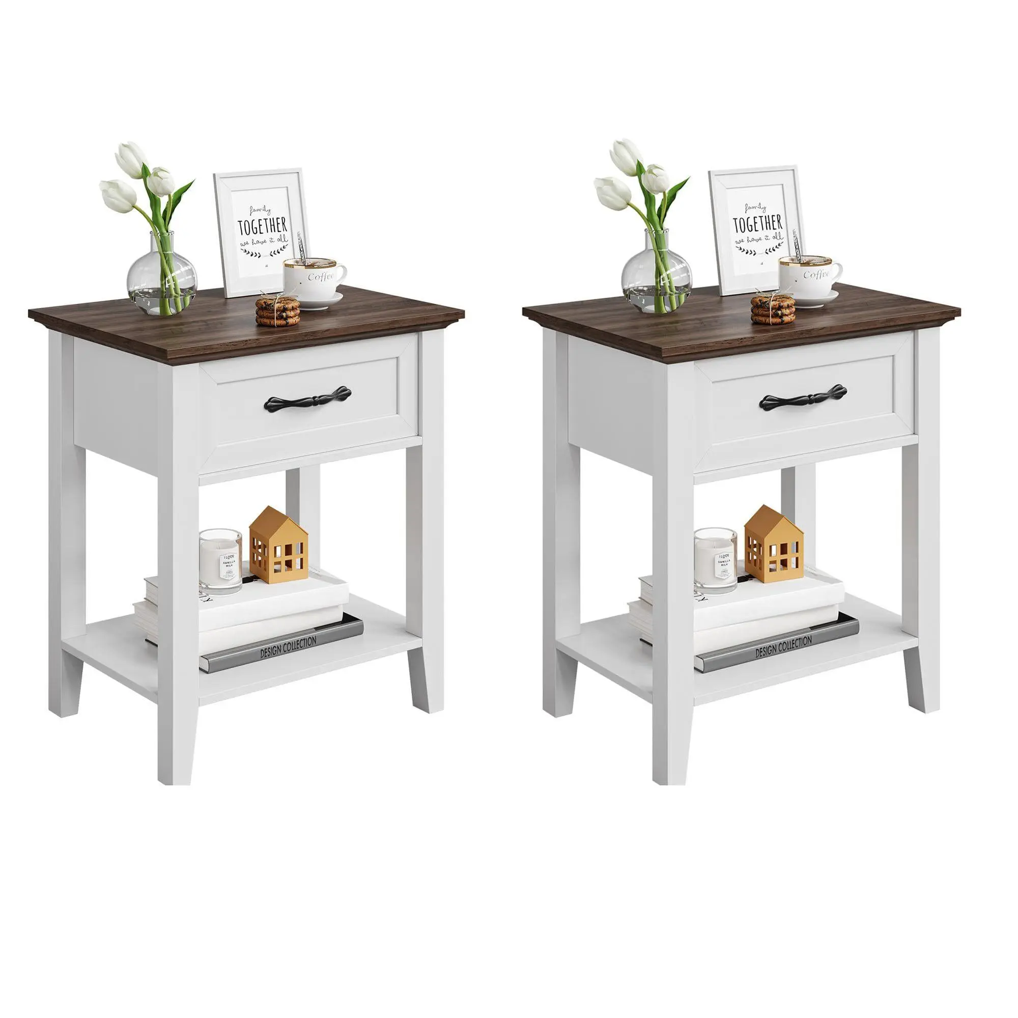 Nightstands Set of 2, End Table with Drawer, Side Table for Spaces, 2 Tiers Storage Shelves with Dresser, Bedside Table for Living Room, Bedroom, Dorm (2pcs-White)