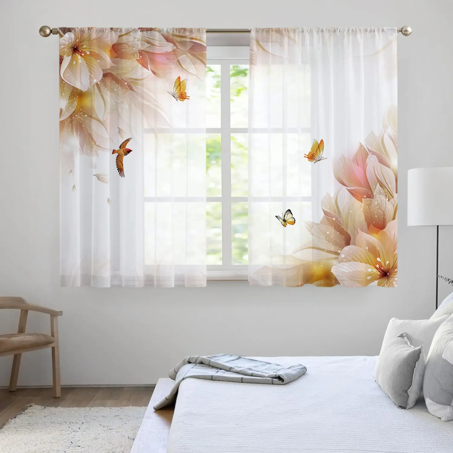 2pcs Elegant Floral Bird Small Sheer Curtains, Kitchen Short Curtain Rod Pocket Thin Sheer Cafe Curtains, Suitable for Kitchen Bathroom, Sheer Printed Curtains, Home Decorative Curtain, Window Drapes, Home Decoration Curtain