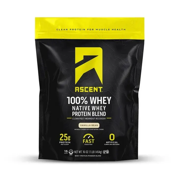 ASCENT 100% Whey Protein Powder - Vanilla Bean Flavor, 25g Per Serving, High Protein Supplement, Fitness Fuel, Mixes in Water/Milk, Natural, Prop 65 Safe, Youth-Focused Metabolism Support, Single Item