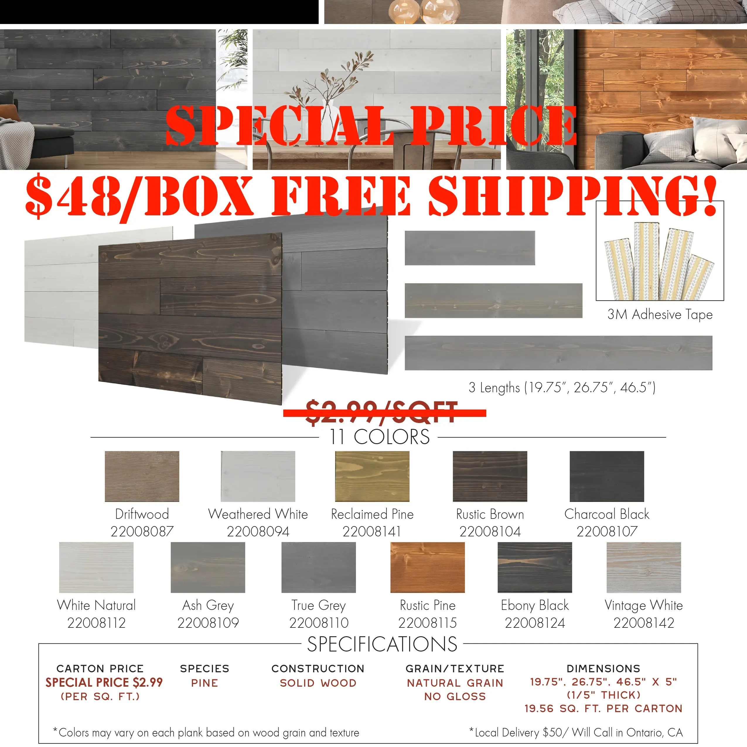 Solid Wood Wall Panels 2mm Thick, in Charcoal Black, Variable length