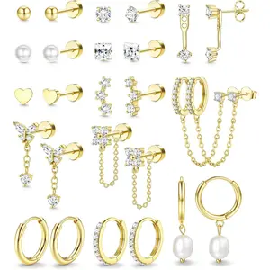Hypoallergenic Flat Back Earrings Set for Women-Surgical Stainless Steel Earrings for Sensitive Ears-14K Gold Plated Cartilage Earring Stacks Flatback Stud Hoop Earring Sets for Multiple Piercing Jewelry