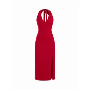 Cider Halter Neck Backless Split Ruched Bobycon Maxi Dress
