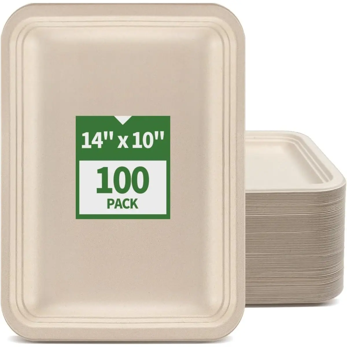 100-Pack 14in x 10in Sturdy Plant-Based Disposable Food Trays, Grease-Resist Cafeteria-Style Kitchenware Plates for Family Seafood Boil, BBQ Party Supplies, Plate