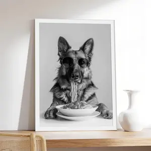 German Shepherd Eating Pasta _ Spaghetti Dog Funny,Pet & Animal Canvas Print, Minimalist & Neutral-Style Poster, Bedroom Aesthetic Wall Decor.