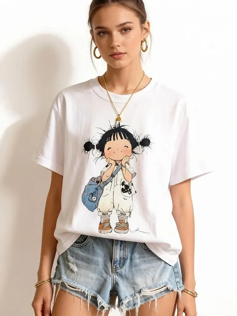 Women's Oversized Basic Printed Tee - Viral TikTok Trend Kawaii Minimal Cartoon Twin Bun Girl Graphic, White, Short Sleeve, Lightweight Breathable Cotton Crew Neck, Relaxed Baggy Fit, Bow Accent, Plus Size Campus Casual Everyday Top sohochic
