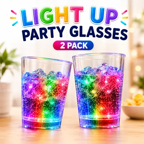 2-Pack Plastic Cocktail Glasses for Adults - Party-Ready Glow Kitchenware Drinkware, Flash-Change LED Color-Changing Translucent Tumblers, Magic Auto-On, Empty-Off, Replaceable Batteries, Auto Pour Light, 3.5in H x 3.0in Dia, 3.5" Easy to Carry