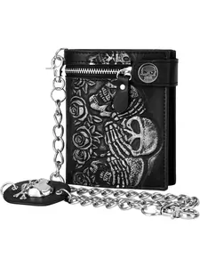 Skull Gothic Chain Wallet - Leather Punk Bi-Fold | Unisex Halloween Gothic Accessory - Black Zipper Bifold Wallet Wallet On Chain