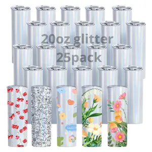 25 Pack 20oz Glitter Sublimation Tumblers Vacuum Insulated, Skinny Straight Shimmer Blanks w/ Lids & Straws,Individually Boxed White Stainless Steel