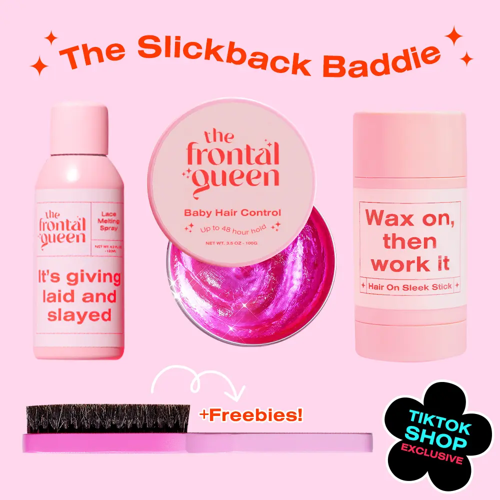 The Frontal Queen SLICKBACK BADDIE BUNDLE – No White Cast Lace Melting Spray, Edge Control, and Hair-on-Sleek Wax Stick with FREE Slick Down Pro Styler Brush | Flawless Slick Backs, Humidity-Proof Hold, Zero Buildup, Beginner-Friendly Ponytail Kit