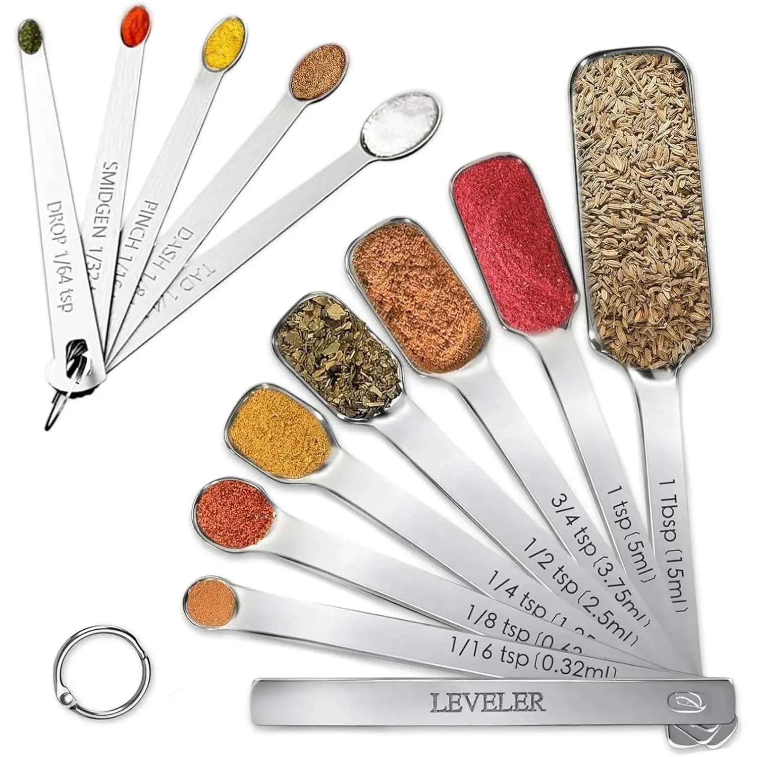 Stainless Steel Measuring Spoons Set of 13, Includes 7 Rectangular Measuring , 1 Leveler & 5 Tiny Spoons, Compact Spoons Design for Spice Jars, Ideal for Dry and Liquid Ingredients