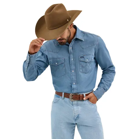 Cowboy Cut® Long Sleeve Western Denim Snap Work Shirt - Stonewash Classic Cotton Menswear Top