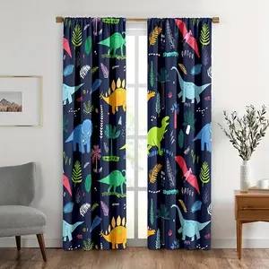 Dinosaur Print Curtains Set, Semi-Transparent Rod Pocket Curtains, Fun Dinosaur Design, Polyester Fabric