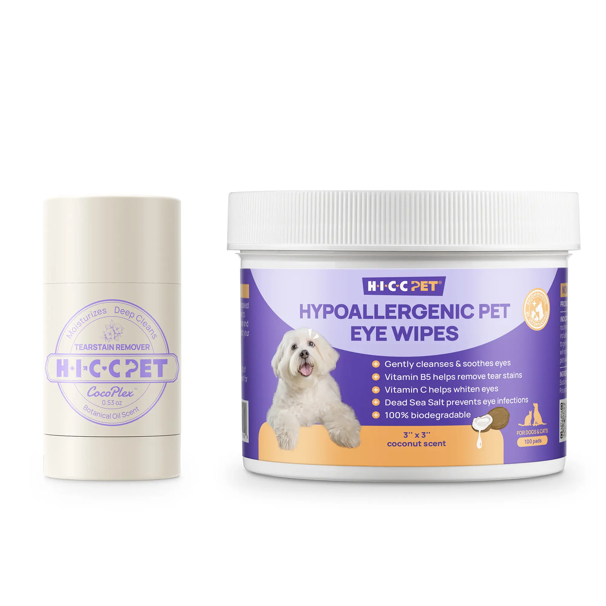 HICC PET Tear Stain Remover for Dogs and Cats, Eye Wipes & Eye Balm Kit, Coconut Oil Hypoallergenic Eye Care, Perfect for Sensitive Eye Area