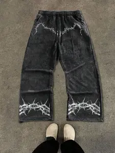 Men's Casual Sports Long Pants with Graphic Thorn Pattern Print, Loose-Fitting Drawstring Wide-Leg Cotton Trousers for All Seasons