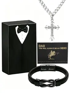 Father's Day Gift Set, Leather Infinity Bracelet + Cuban Chain Cross Necklace, Casual Pendant Style, Perfect for Dad, Husband
