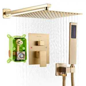 VEVOR Shower Faucet Set, Rainfall Bathroom Shower System with 12-Inch Square Rain Shower Head and Handheld Spray, Wall Mounted Bath Fixtures with Brass Valve and Trim Kit, Brushed Gold