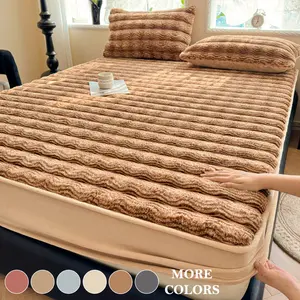 Faux Rabbit Fur Striped Fitted Sheet 3-Piece Set – Luxurious, Soft & Warm Solid Color Bedding, Premium Set (Includes 1 Fitted Sheet + 1/2 Pillowcases), All-Season Use, Perfect for Bedroom, Dorm, Sofa, Fluffy & Cozy, Ideal Christmas Gift Bed Sheets