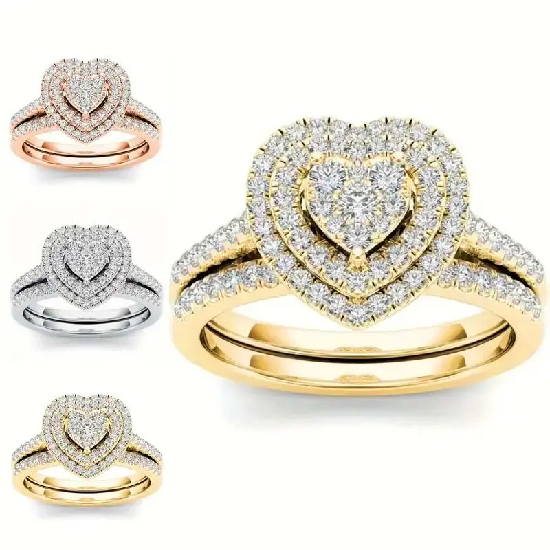 Two-piece zircon ring set, heart-shaped rings, for women to wear as a daily gift.