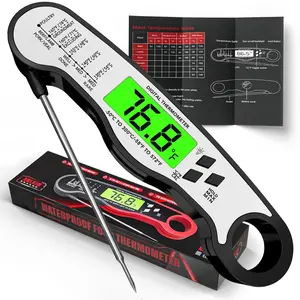 Digital Meat Thermometer, Instant Read Thermometer, Black | Grill, BBQ, candy and baking thermometer with backlit display, foldable probe and magnetic storage
