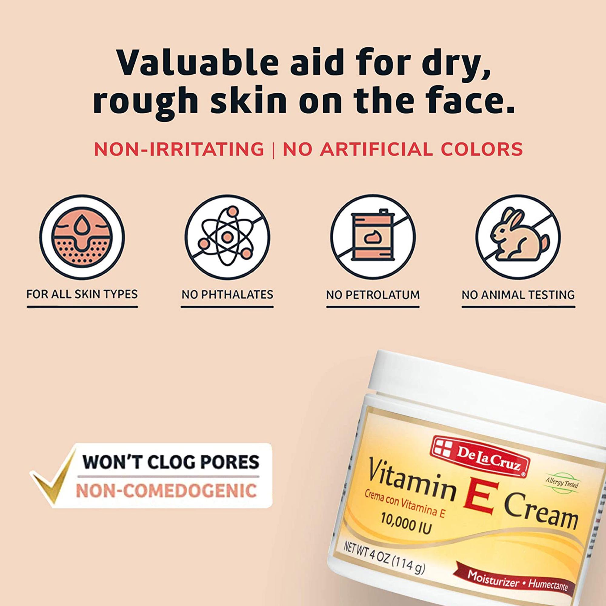 De La Cruz Vitamin E Cream 10,000 IUs, Face and Skin Moisturizer 4 oz Jar