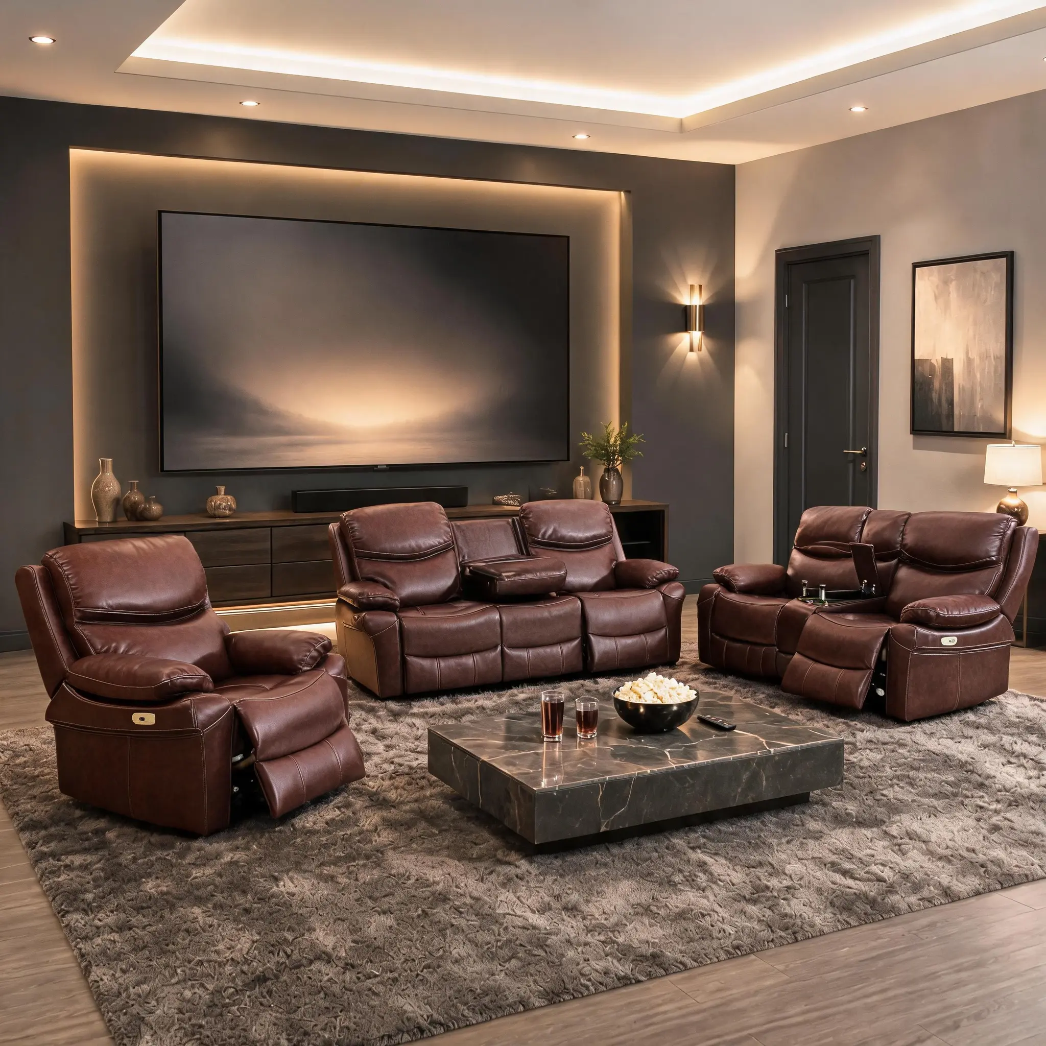 ainehome Modern LED Deep Red Leather Breathing Electric Recliner 3-Piece Sofa Set, Living Room Couch with Adjustable Backrest & Storage, Indoor Furniture bedroom lounge apartment small