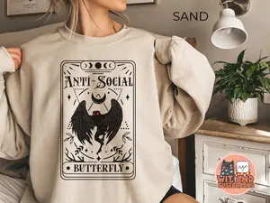 Mothman Tarot Card Antisocial Butterfly Sweatshirt Cryptid Cryptozoologist Red Eyed Thing Sweater Gift Folklore Merch Point Pleasant Monster