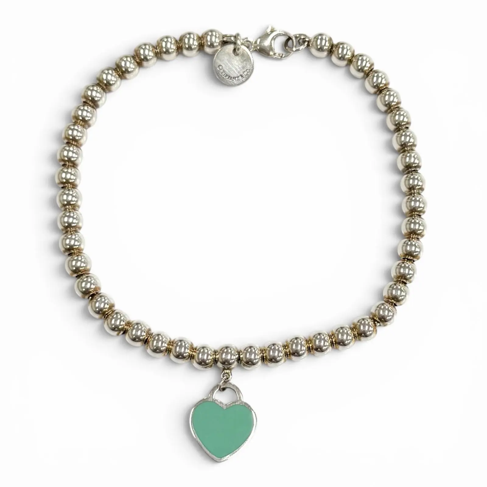 Pre-owned Tiffany & Co. Sterling Silver 925 (Ag925) Small Leather Goods Mini Heart Tag Bead Bracelet Silver 925