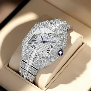 Unisex Luxury Moissanite Quartz Watch - 42mm Square Face, Ice Out Analog-Digital Diamond Look, Waterproof, Business Fashion Daily Wear, Perfect Anniversary Gift