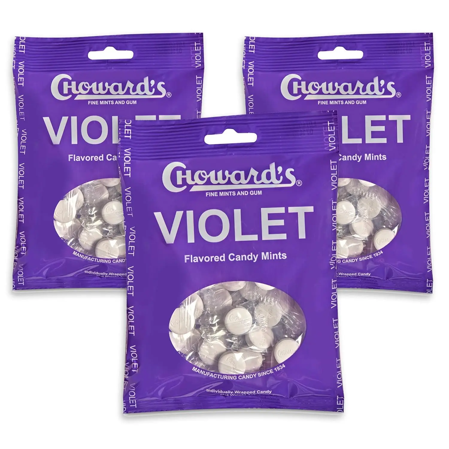 Choward's 3oz Violet Candy Bags 3 Pack | 49 Pieces Individually Wrapped Candy Mints | Nostalgic Violet Candy Bags | Perfect for Snacks in Lunchboxes, Pockets, Goodie Bags, and Birthday Parties