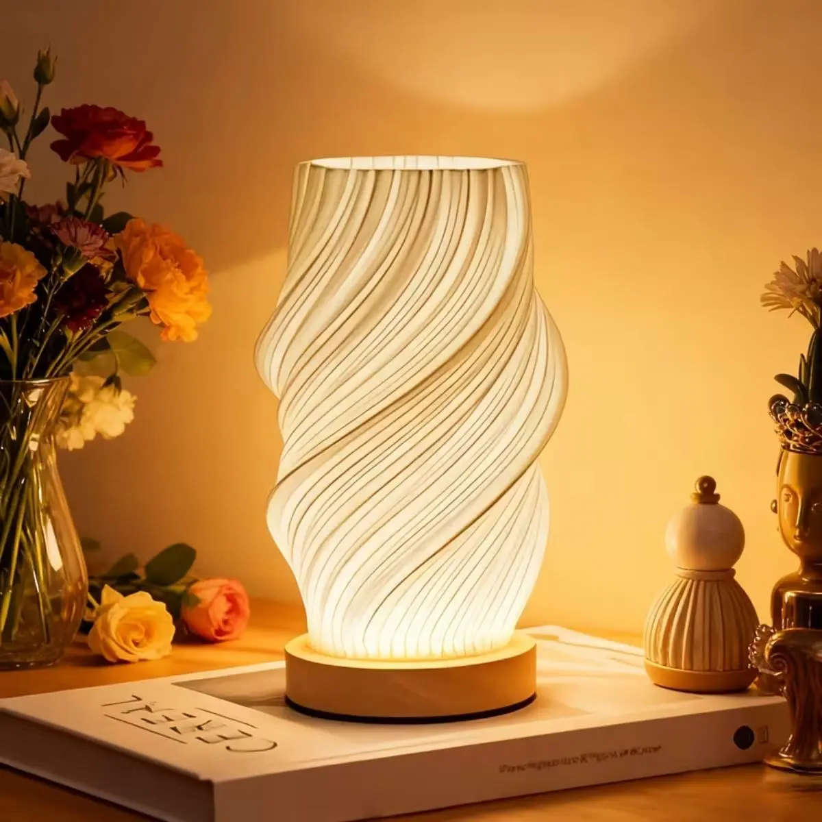 Modern Adjustable Light 3D Printed Vase Lamp, LED Atmosphere Lamp, Decorative Lamp, Wooden Base, USB Powered, Button Control, Ideal for Bedroom, Living Room, Dorm Decor and Lighting
