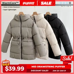 【Clearance】 PUFFIT WarmCore Premium Warmer Mid Length Waist Drawcord Premium Puffer Jacket Women Hood Winter, Ladies Outwear Coat Big Pocket with Waist Drawcord Winter Coat