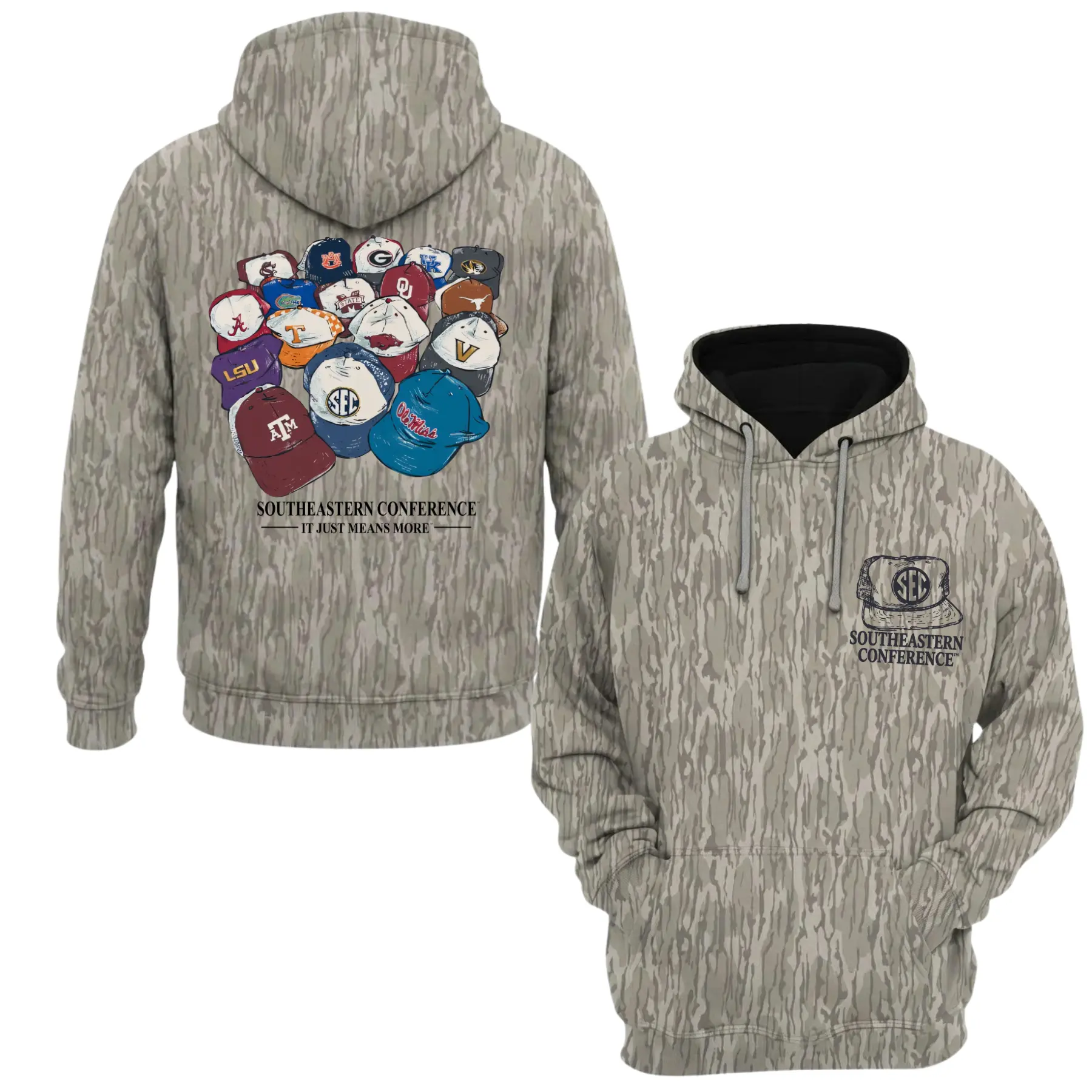 Southeastern Conference SEC Hats Graphic Bottomland Style Camo hoodie for Men, College Football Fan Crewneck Long Sleeve Pullover