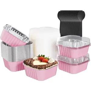 25 Pack Square Mini Cake Pans with Lids,Mini Loaf Pans with Lids,Aluminum Foil Baking Cups,Disposable Ramekins Cupcake Cups,Dessert Cups for Wedding Birthday Party Picnics,5oz (Pink)