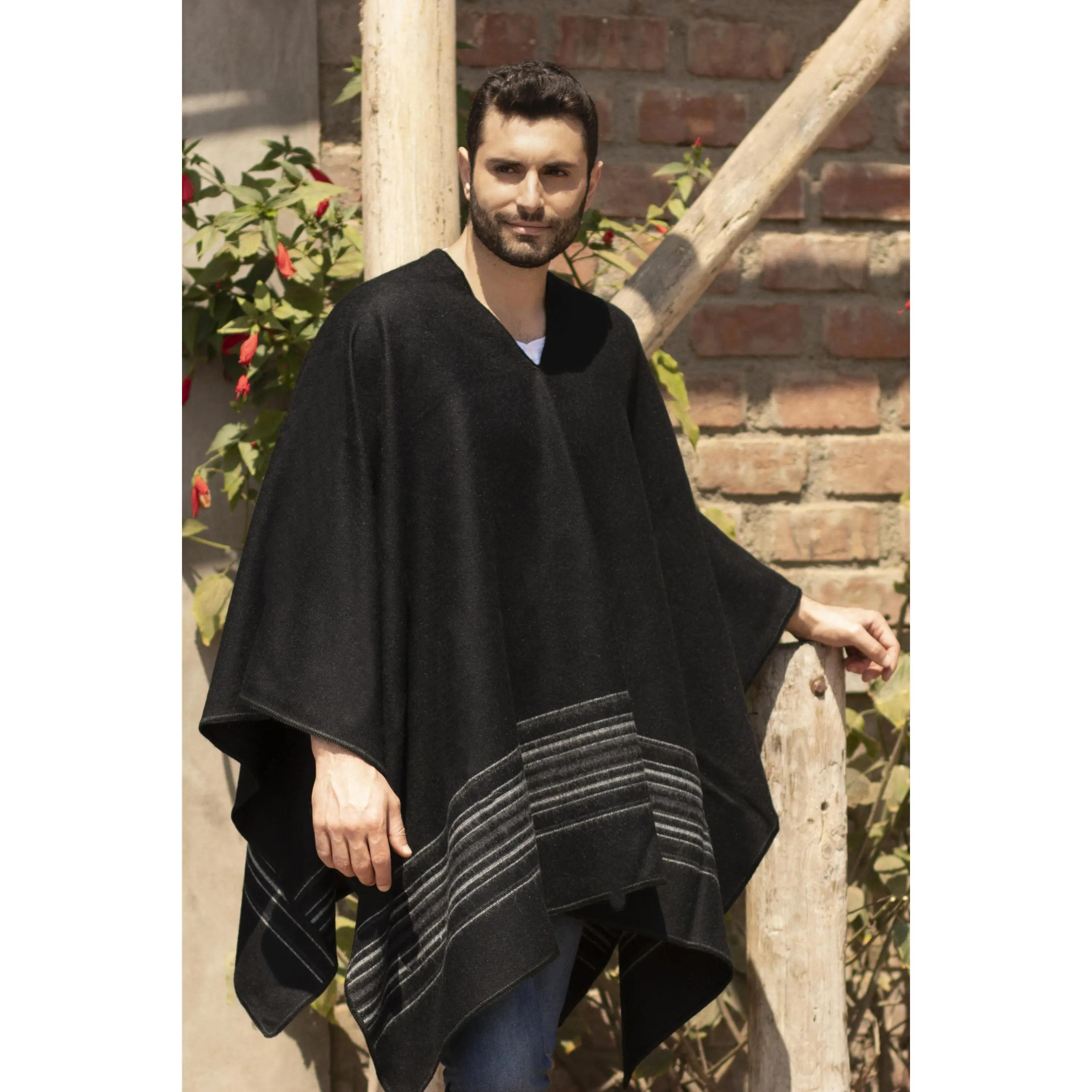 Novica Artisan Handmade Men's Alpaca Blend Poncho Artisan Crafted Vneck For Wool Acrylic Clothing Black Striped Peru ' Black Nazca'