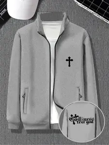 Men's Bomber Jacket, Lightweight Flight Jacket with Cross Pattern and Letter Print, Fall Outdoor Casual Coat, Men's Transition Jacket