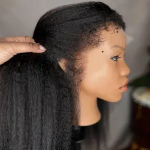 Elegant Soft Middle Part 180%Density 30inch Black Kinky Straight Yaki Hair 13 * 4 * 1 Lace Front Wig Suitable For Women's Synthetic Hair, Heat-Resistant Fashionable For Daily Wear