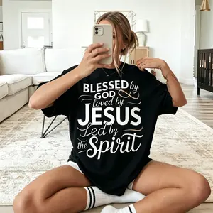 Blessed By God Loved By Jesus Led By The Spirit Christian Script Text T Shirt, Mixed Font Infinity Symbol Women’s Black Short Sleeve Tee, Faith Religious Casual Church Top