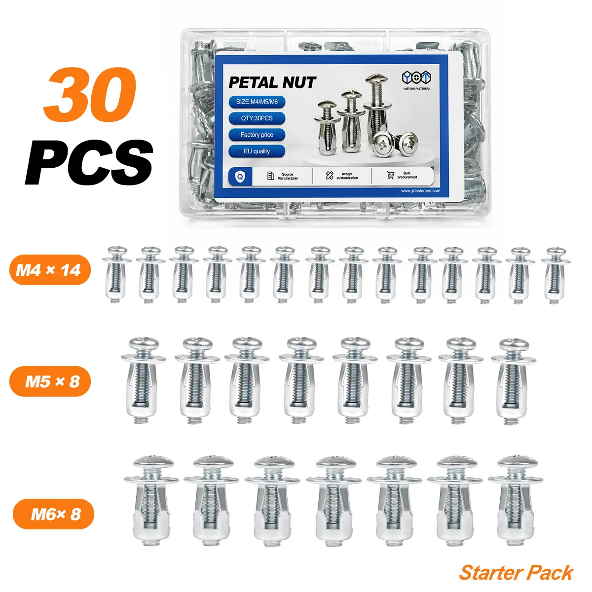 30-Piece Petal-Shaped Expansion Carbon Steel Rivet Lock Nut Set - Corrosion-Resistant Heavy-Duty Threaded Inserts, Assorted M4-M5-M6 Fasteners for Sheet Metal Fixing, Fiber Glass, Multiple Surfaces, Button